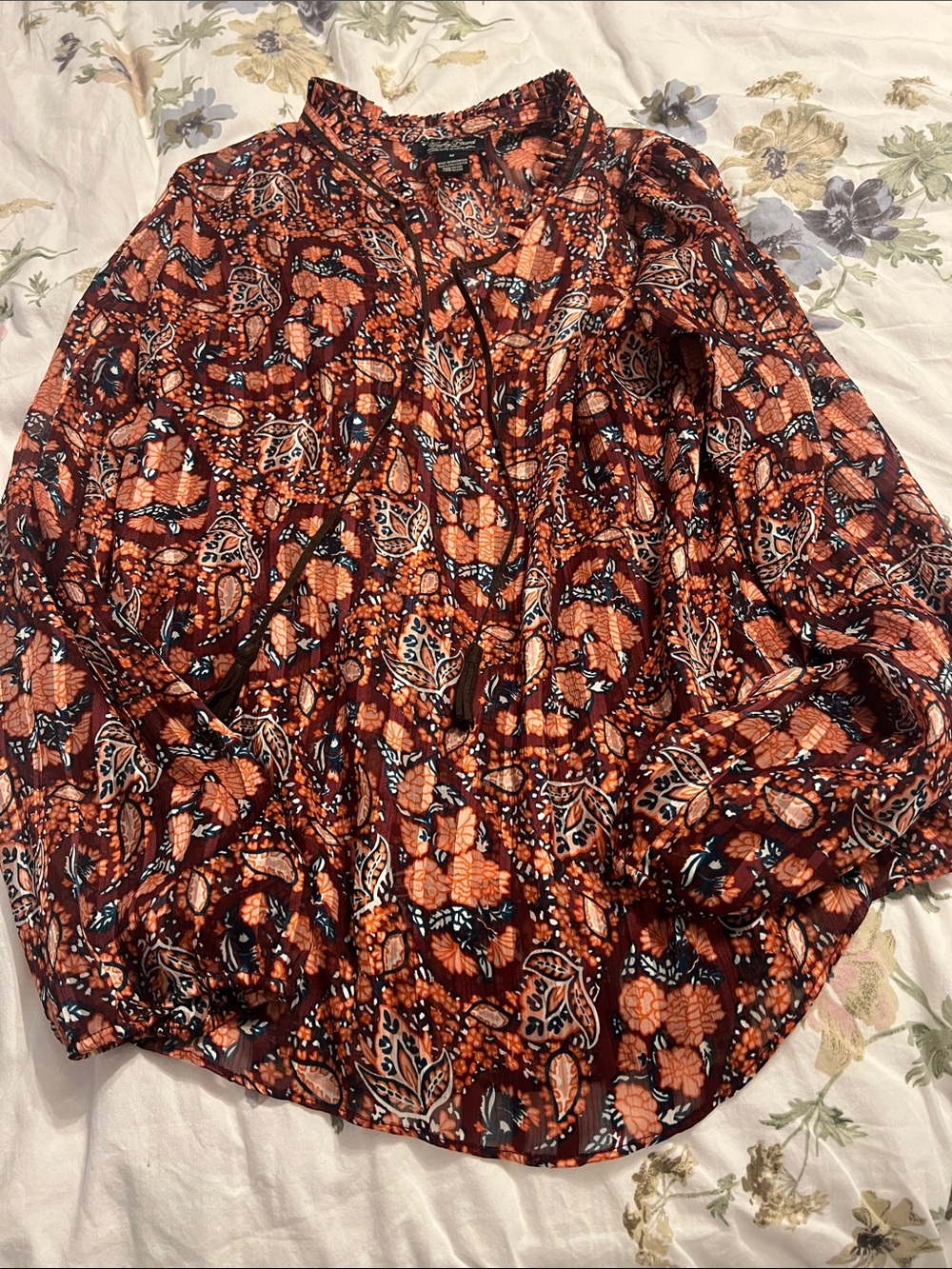 Lucky Brand Coral and Navy Printed Peasant Blouse